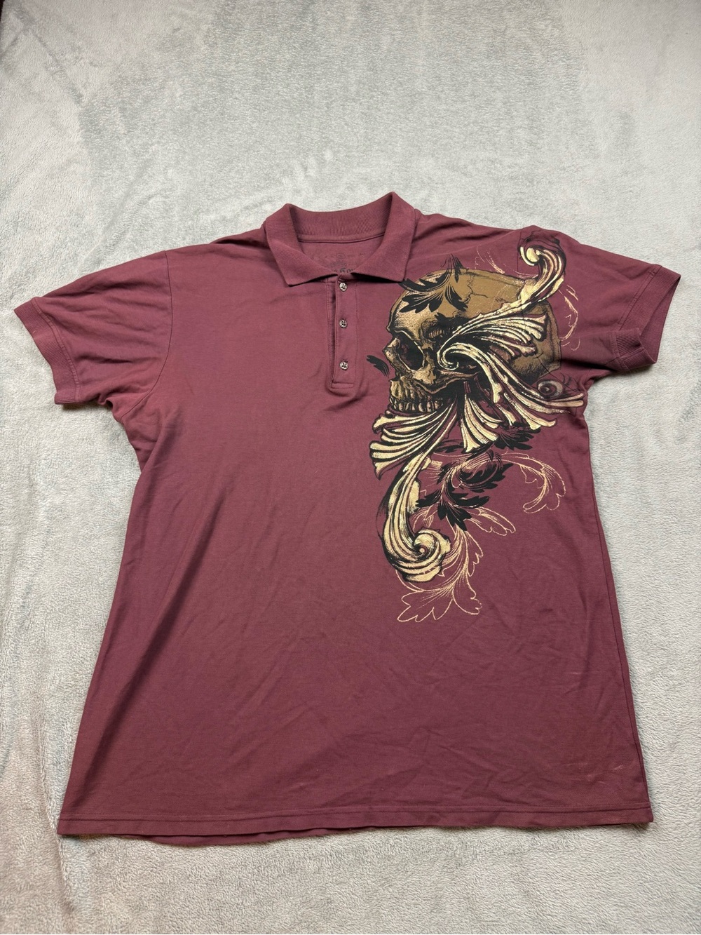 Y2K Xtreme Couture Burgundy & Gold Skull Foil Print Polo Shirt Size XL